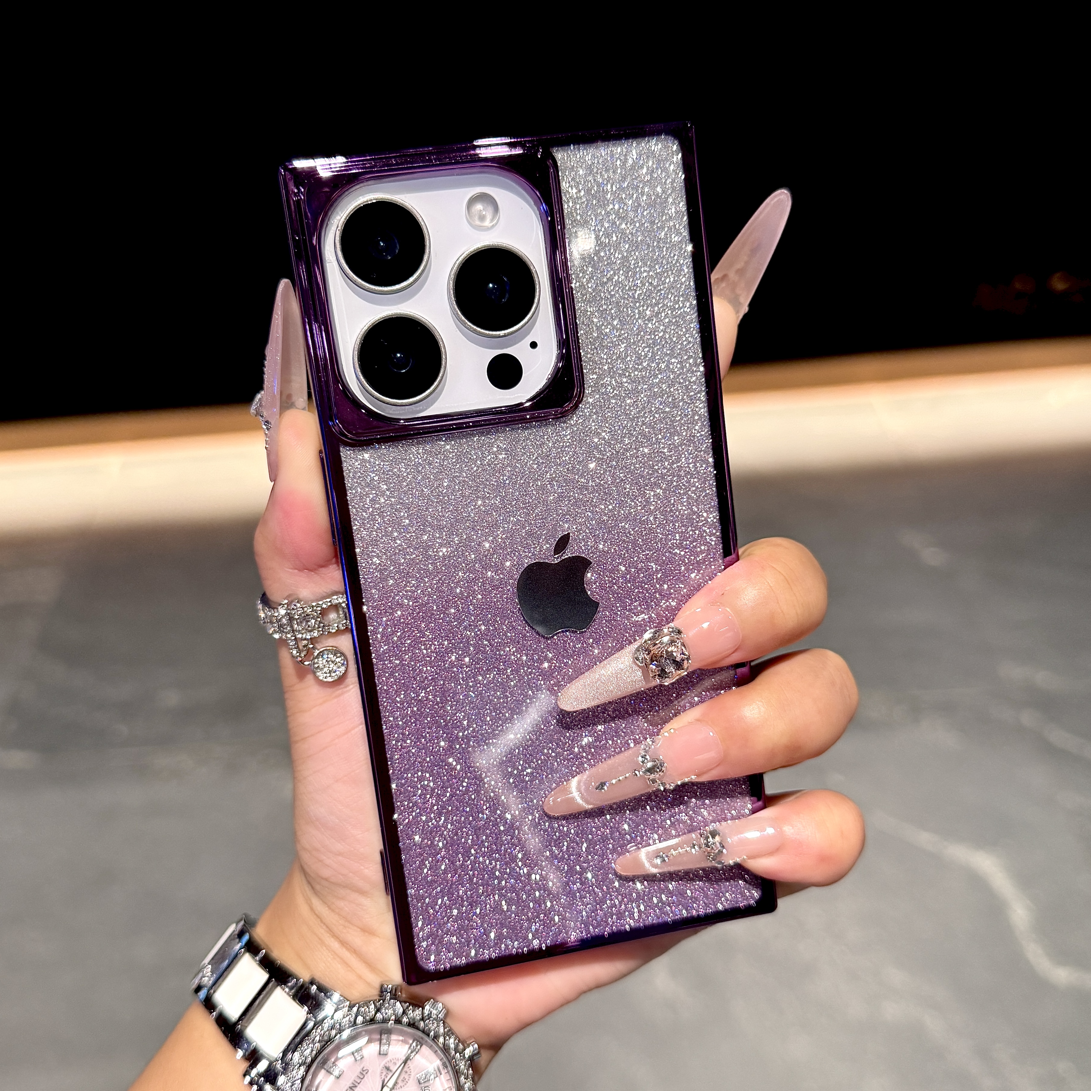 高级电镀方形渐变闪粉适用iPhone16promax苹果15pro手机壳14/1312