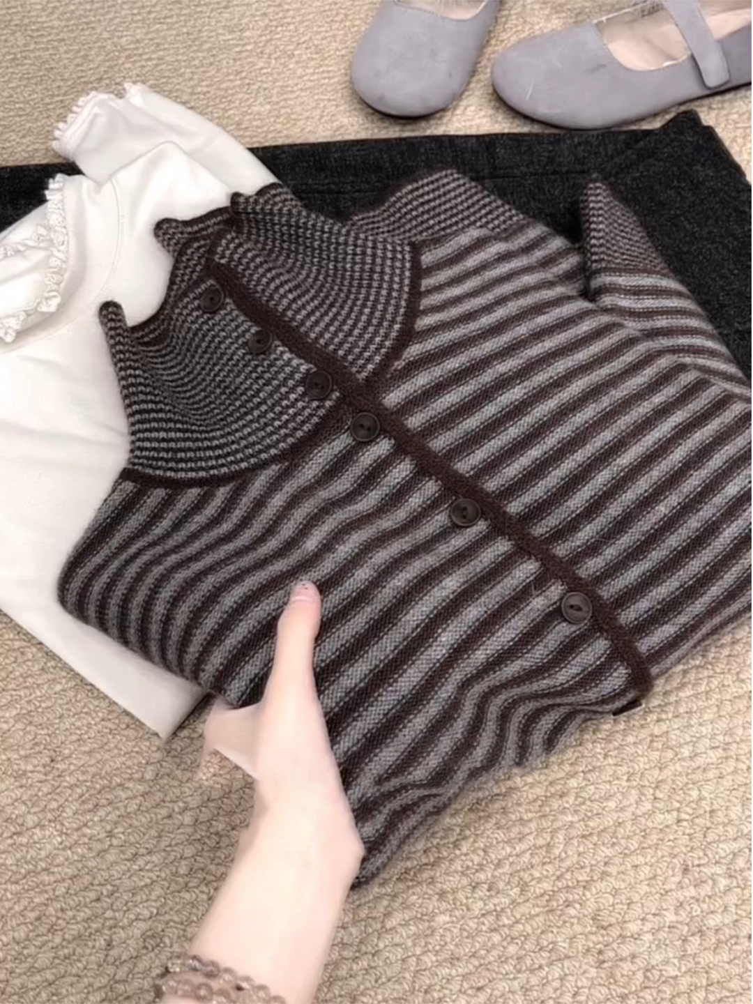 韩系条纹高领针织开衫秋冬新款慵懒风毛衣外套上衣时尚百搭打底衫