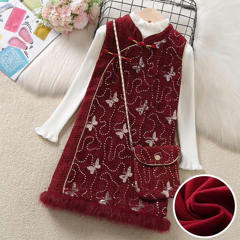 女童无袖旗袍连衣裙套装儿童蝴蝶亮片加绒红色背心裙子国风拜年服