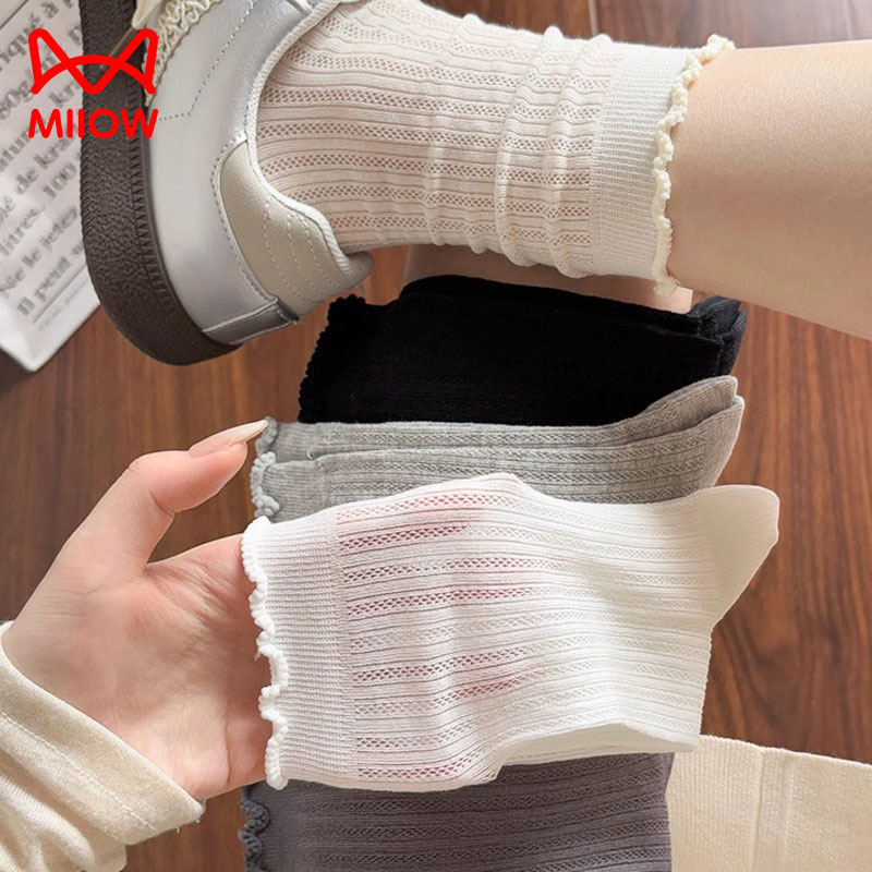 猫人花边袜子女夏季薄款网眼中筒袜纯棉透气日系白色无骨堆堆长袜