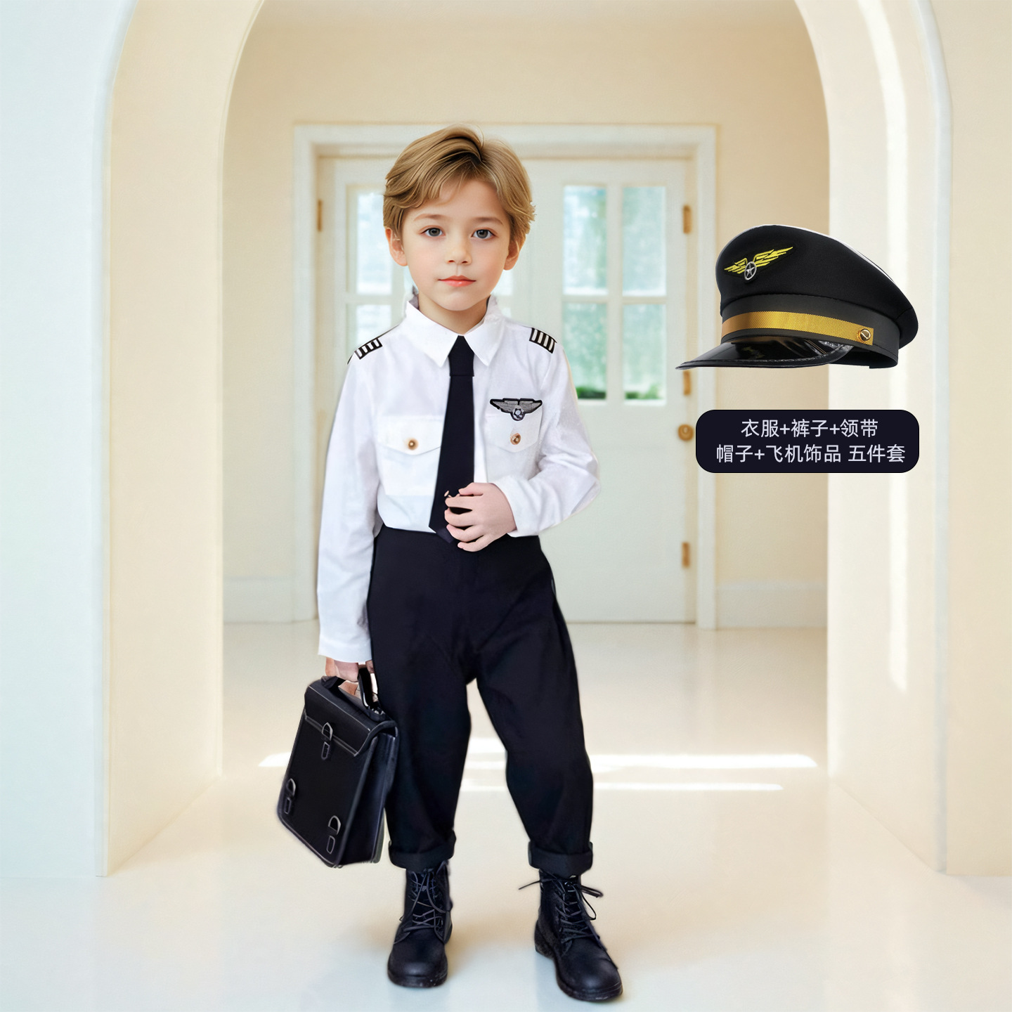 男童春秋新装2025新款洋气套装男宝宝机长服长袖衬衫两件套生日礼