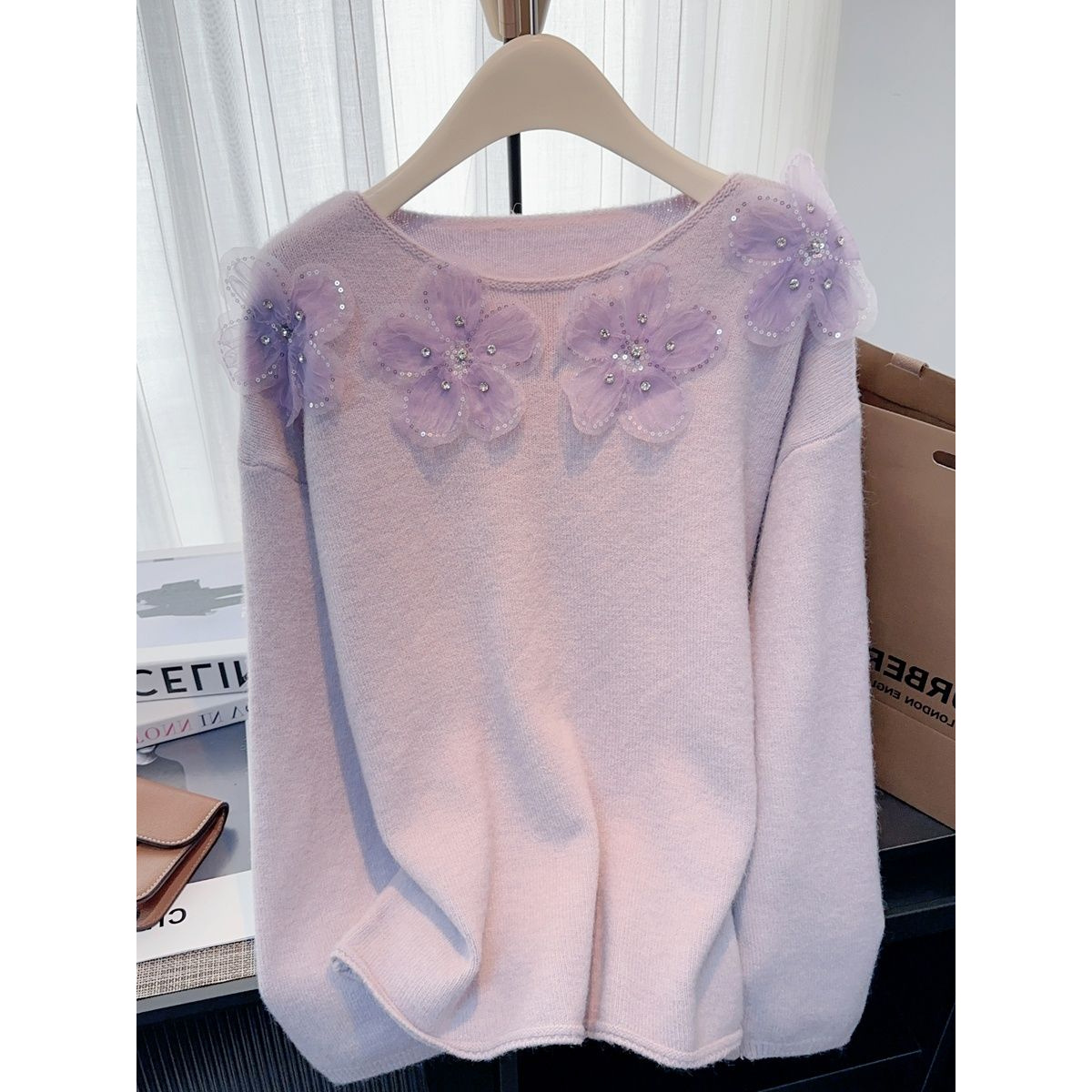 真心舒服！紫色圆领正肩毛衣女2025秋冬装百搭烫钻立体花朵针织衫