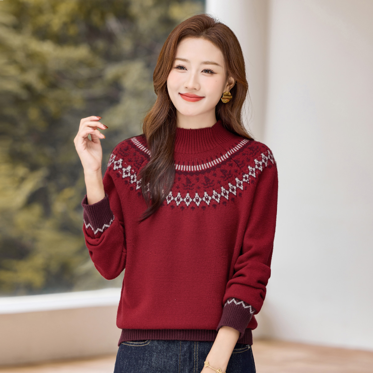 【费尔岛红色半高领针织衫】2025冬季新款新年衣服加厚保暖套头上衣