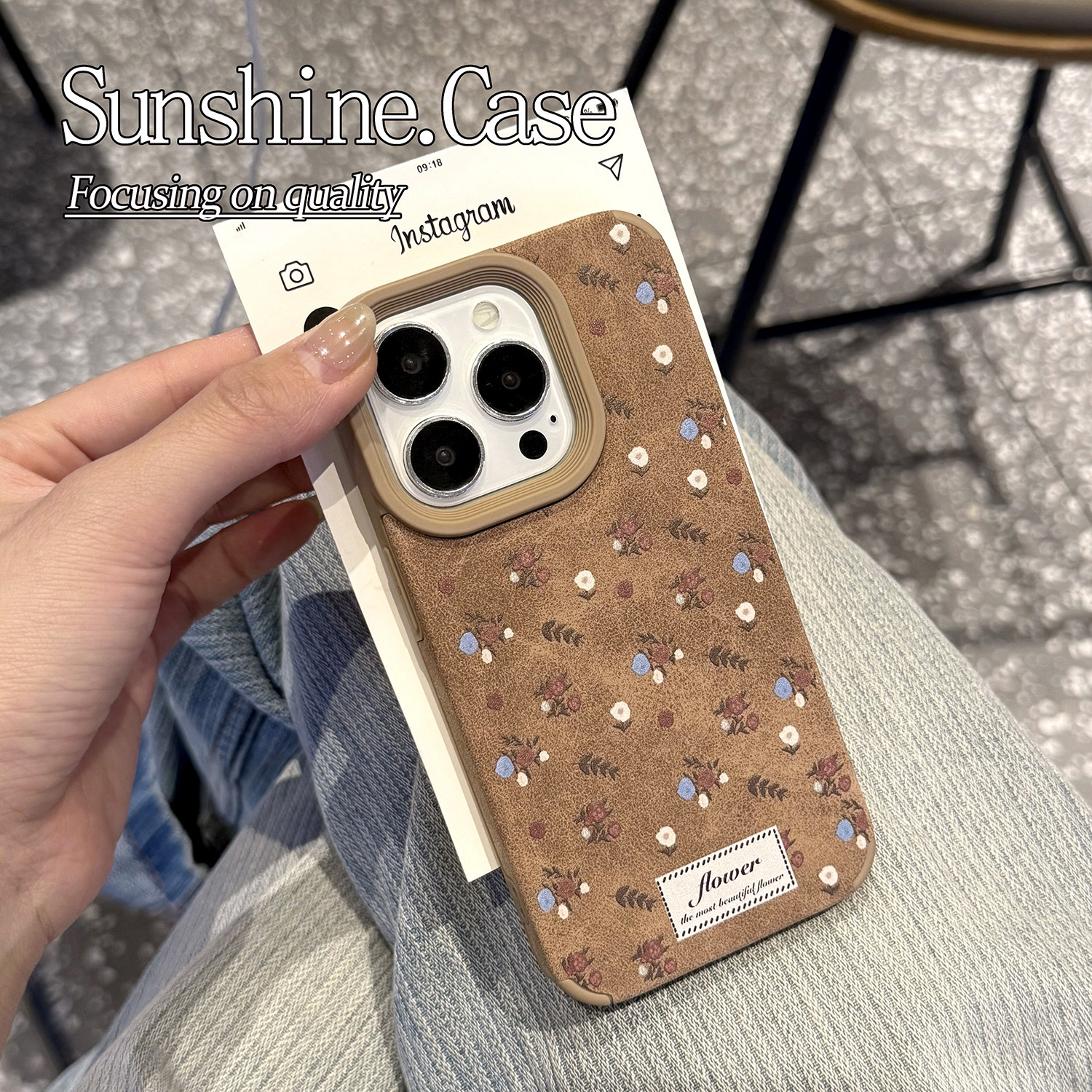 棕色小花翻毛皮软壳适用苹果17/16华为vivo小米oppo荣耀手机壳
