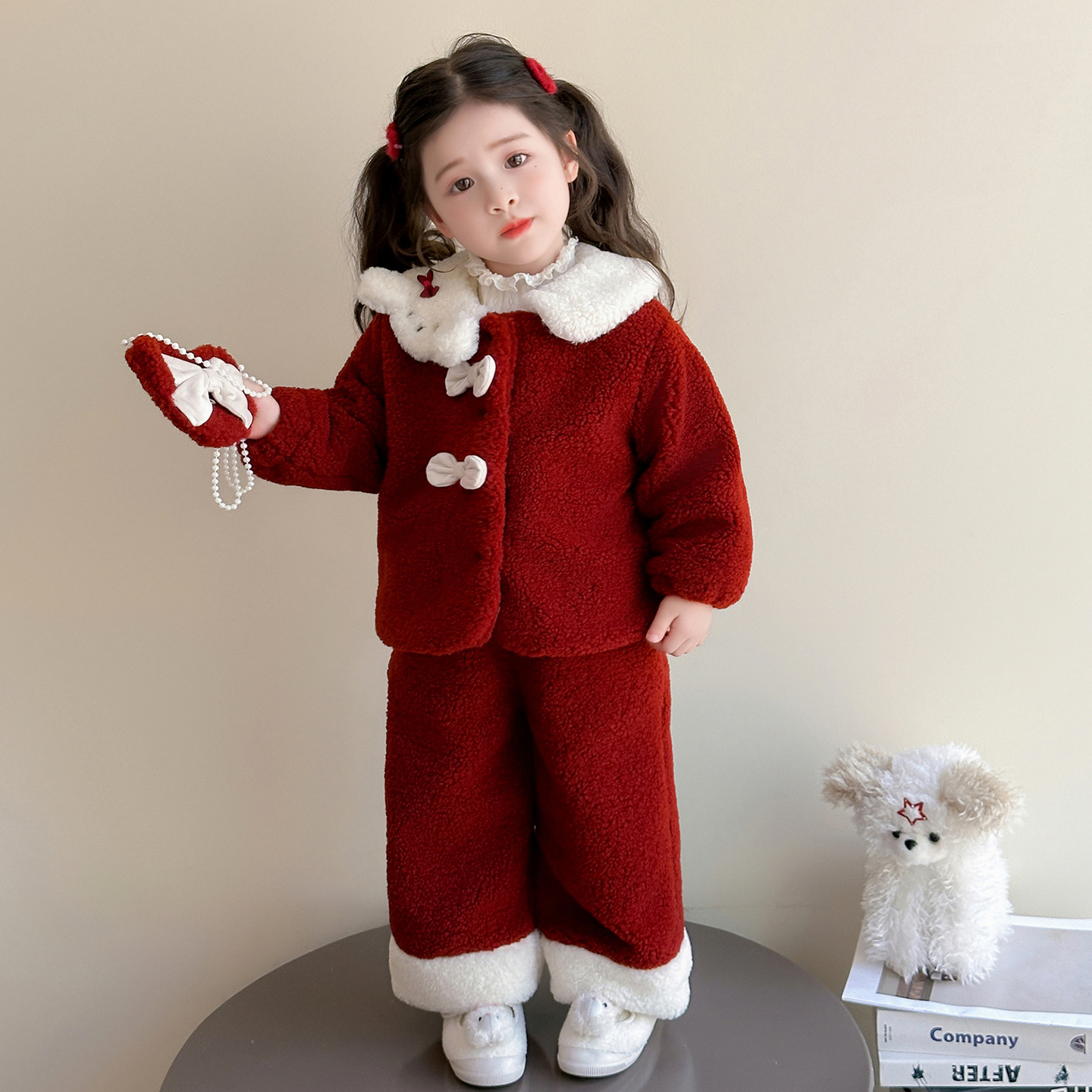 女童秋冬季加绒套装2025新款儿童洋气毛毛衣两件套宝宝红色拜年服