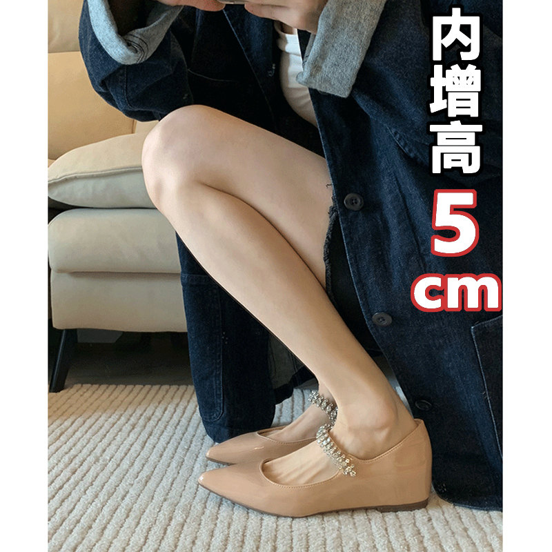 法式小个子内增高尖头平底单鞋女2025年新款水钻一字带玛丽珍女鞋