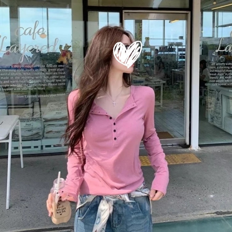 法式温柔高级感慵懒风半开领纽扣早秋新款长袖修身显瘦百搭上衣女