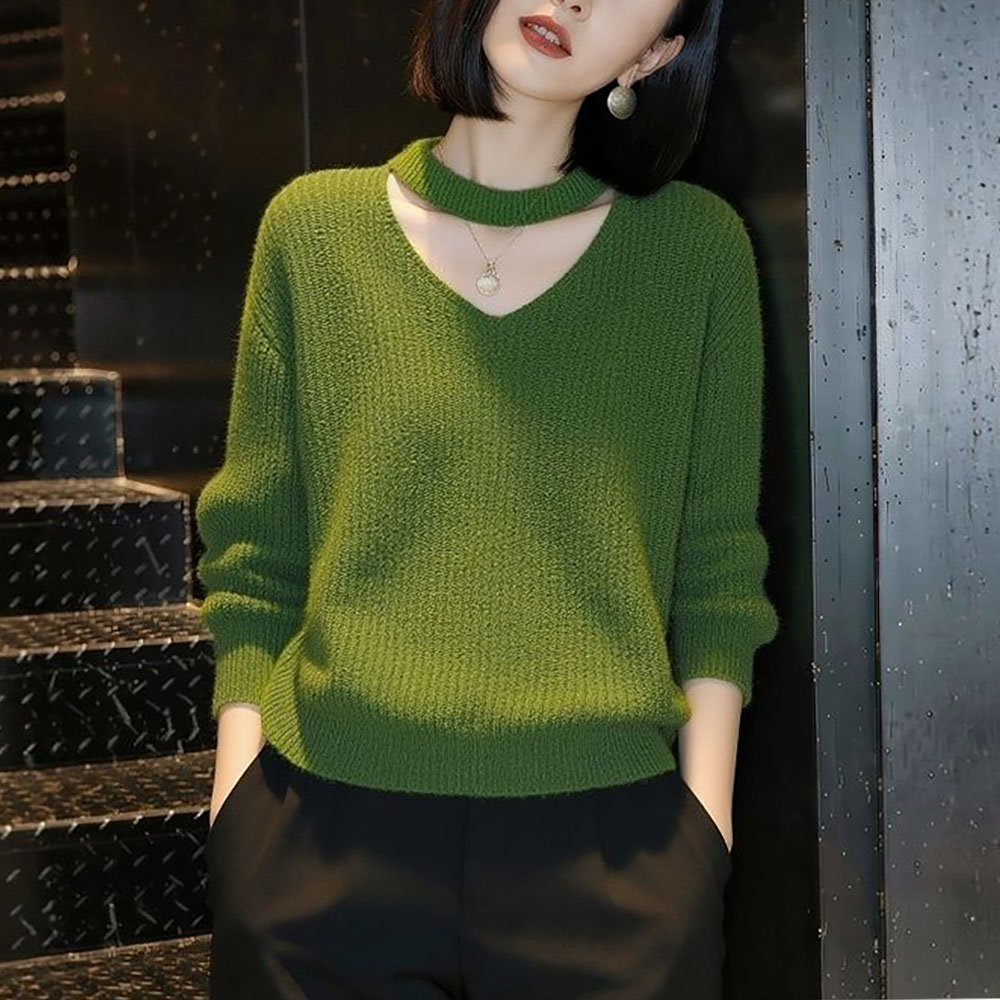 绿色V领毛衣女士秋冬慵懒高级感减龄内搭宽松显瘦打底针织衫上衣