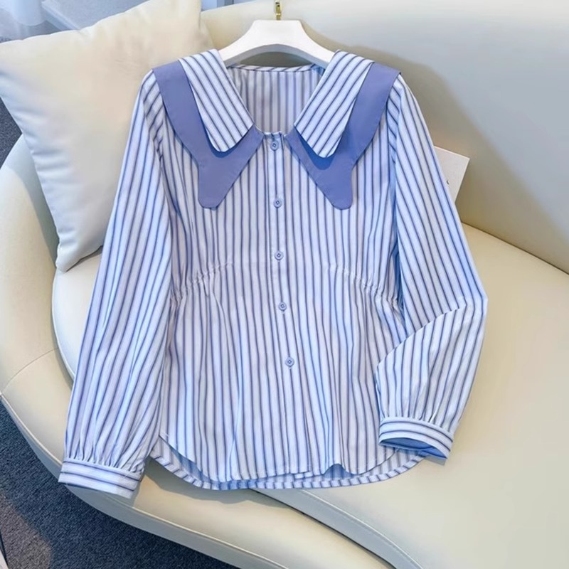 双层娃娃领条纹长袖衬衫女春秋大码胖mm显瘦遮肚百搭减龄收腰上衣