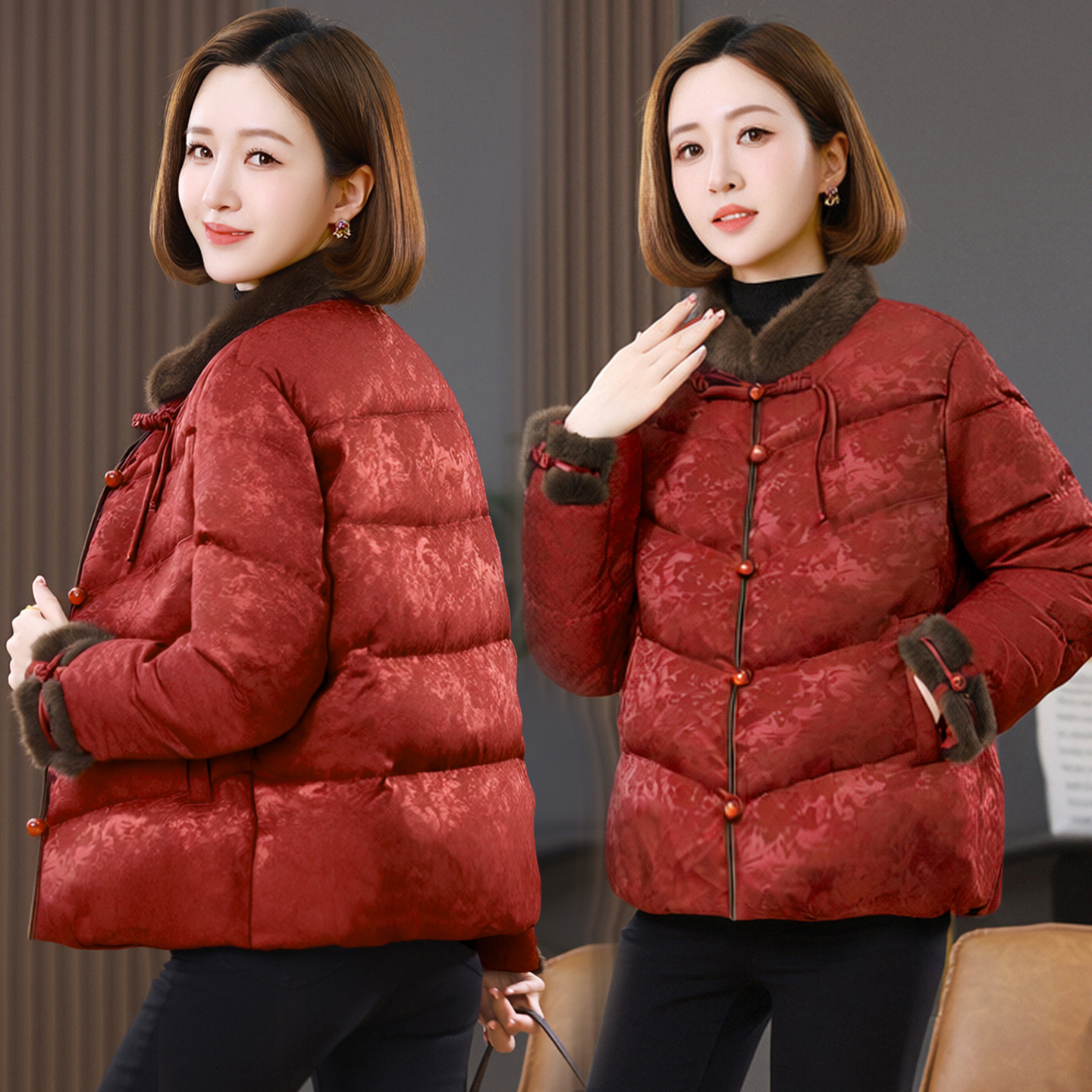新中式水貂毛领羽绒服女2025冬洋气妈妈减龄冬季厚实简约保暖外套