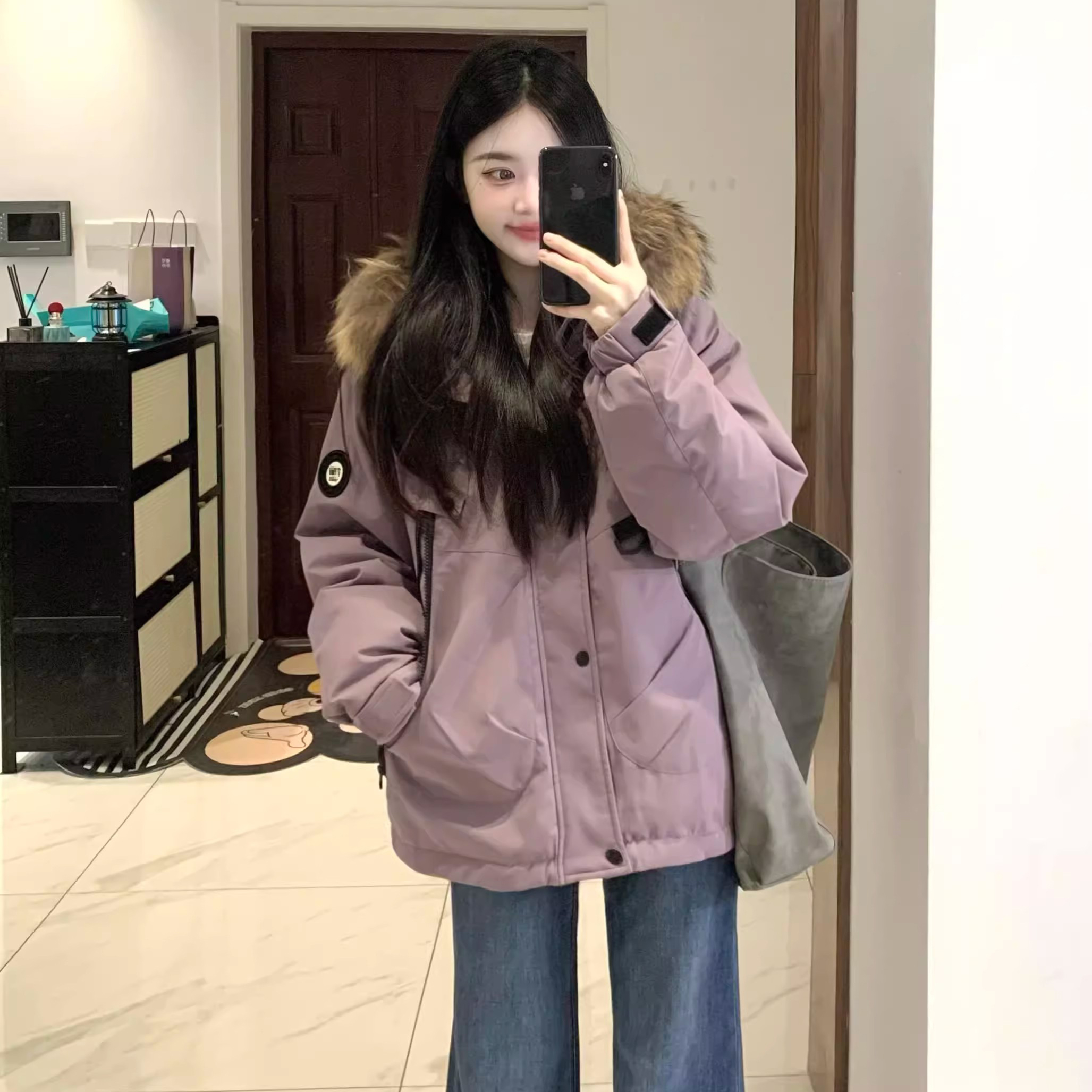 派克服棉服女款2025新款冬季连帽大毛领工装加绒加厚紫色棉衣外套