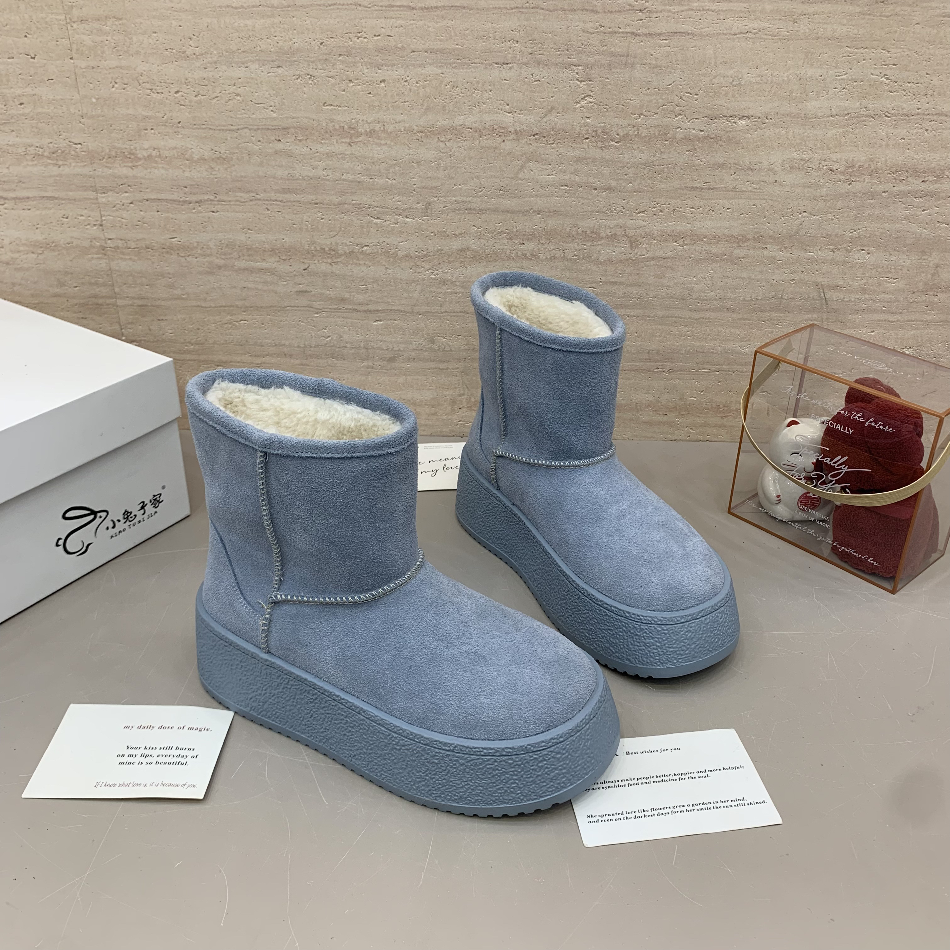 磨砂真皮大头厚底雪地靴女2025冬季新款加绒保暖增高勃肯短靴