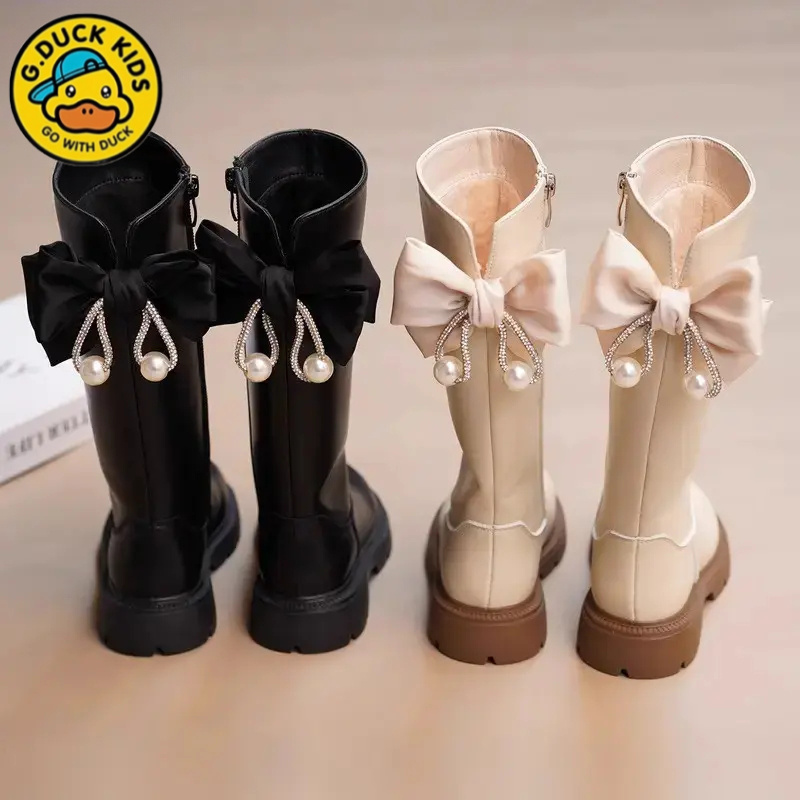 G.DUCK小黄鸭女童长靴2025秋冬季新款公主单靴加绒黑色皮靴长筒靴