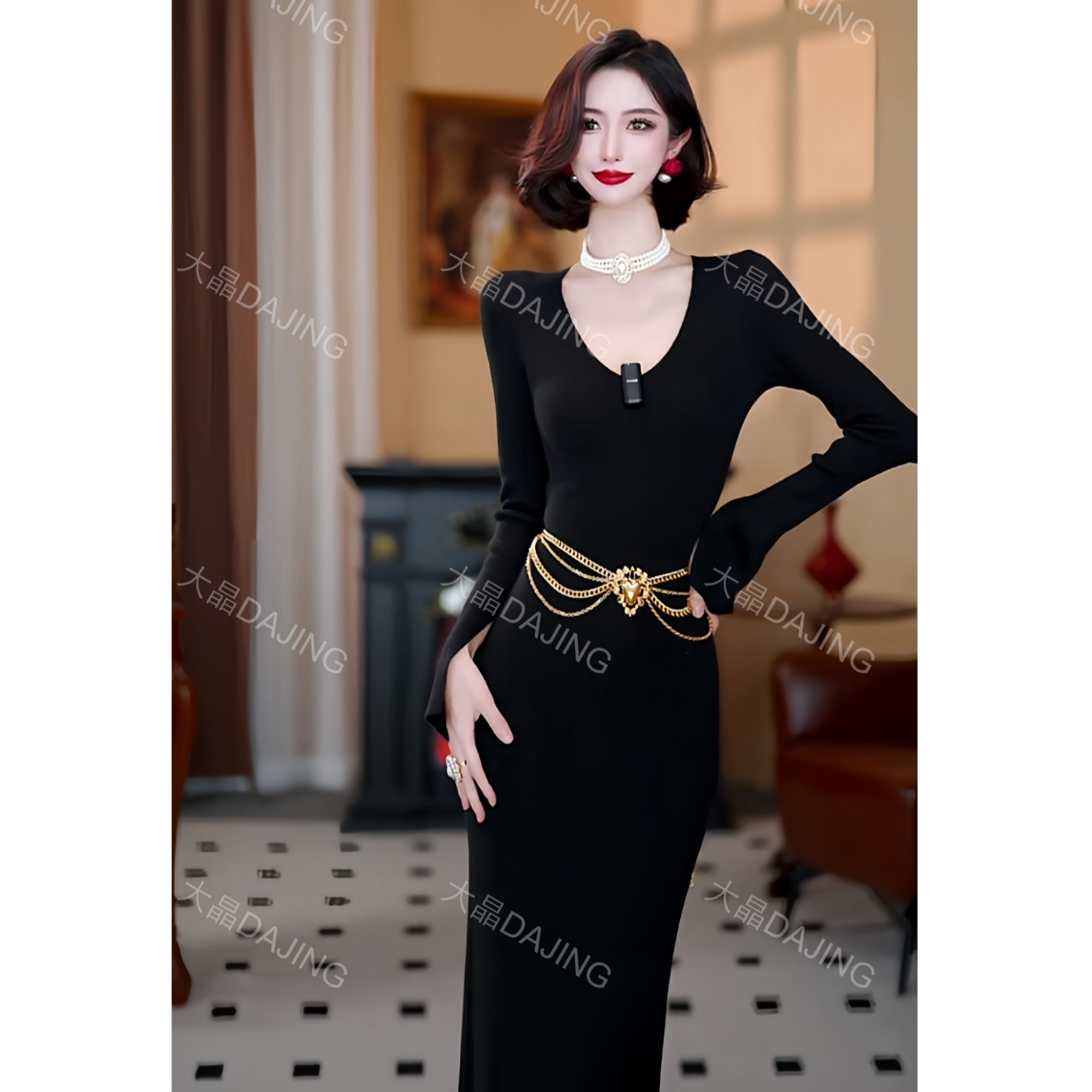 【大晶定制】新款气质美丽诺羊毛长款黑色针织V领收腰连衣裙SDJ017