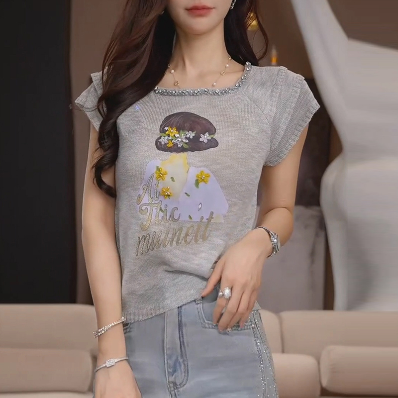 韩系方领串珠针织短袖t恤女2025夏季新款收腰显瘦时尚百搭上衣潮