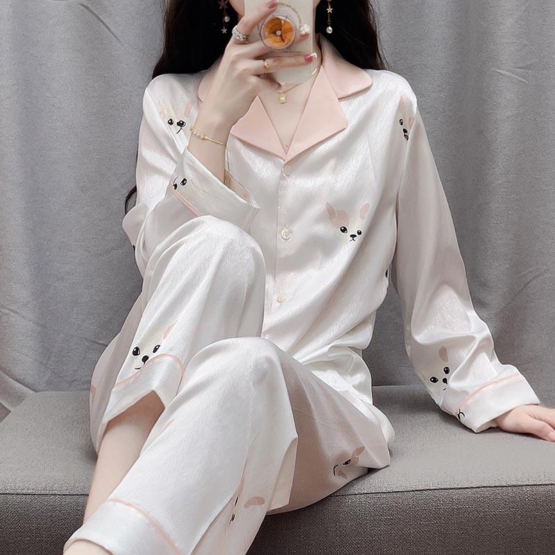 斯比奇提花小奶狗衬衫睡衣女春秋夏季长袖套装甜美可爱印花冰丝家