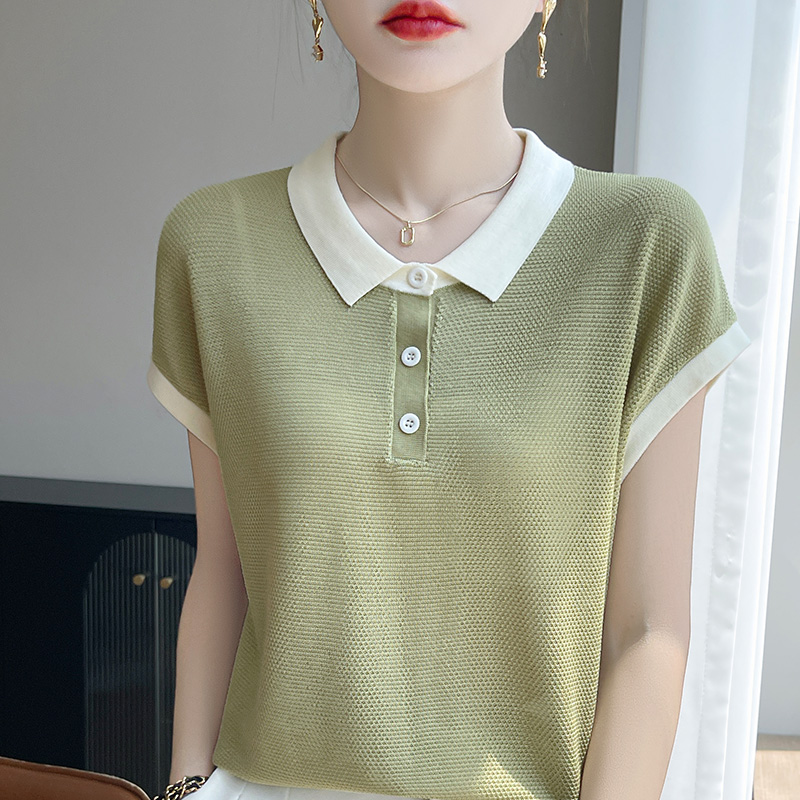 清爽夏天!女士100莱赛尔娃娃领撞色短袖针织T恤衫时尚百搭宽松