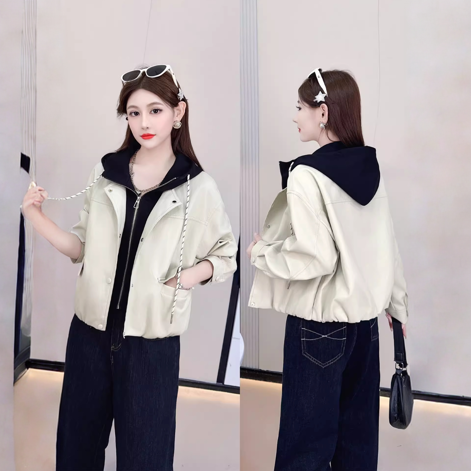 拉夏贝尔连帽皮衣外套加绒加厚2025秋冬减龄假两件短款长袖夹克