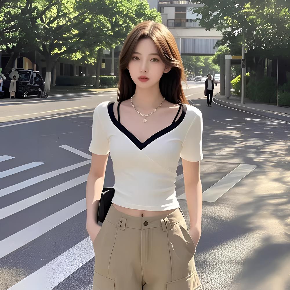 v领打底衫春装2025年新款女装爆款短袖t恤设计感独特别致短款上衣