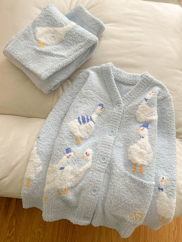 大码半边绒睡衣女秋冬2025年新款韩版卡通加厚保暖针织家居服冬款
