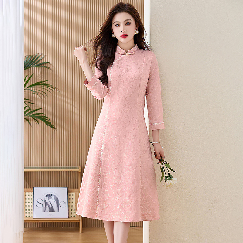 春秋季新款气质新中式民族风蕾丝修身复古连衣裙显瘦中长款裙子