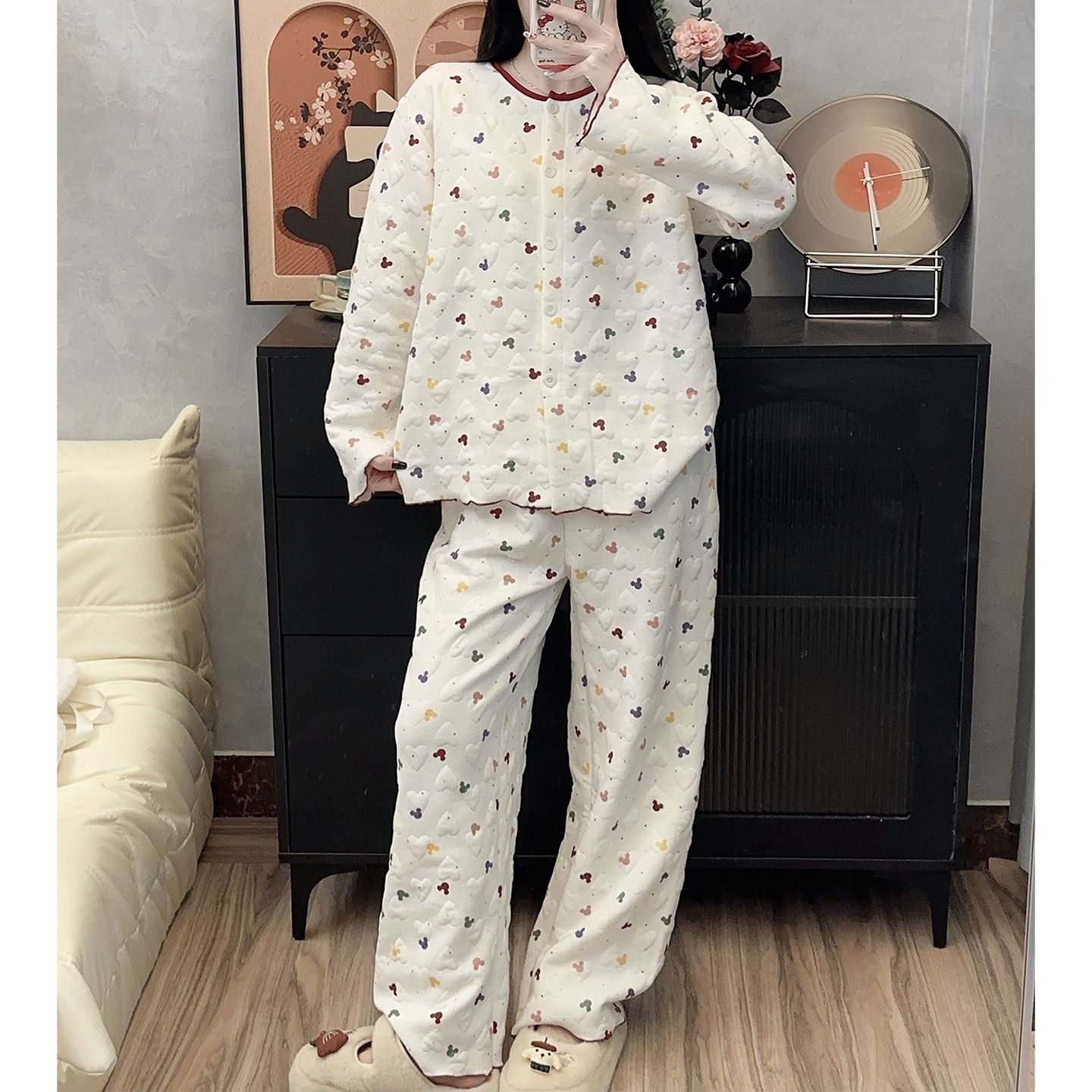 卡通睡衣女秋冬季保暖空气夹层棉长袖可外穿学生休闲家居服套装春