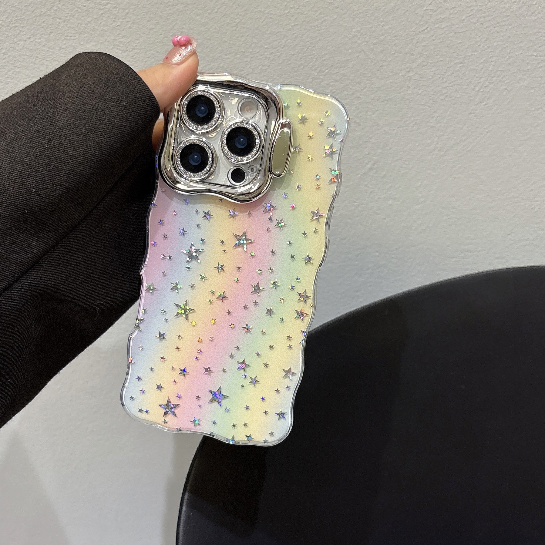 适用苹果系列手机壳炫彩星星波浪彩虹全包隐形支架镜头膜