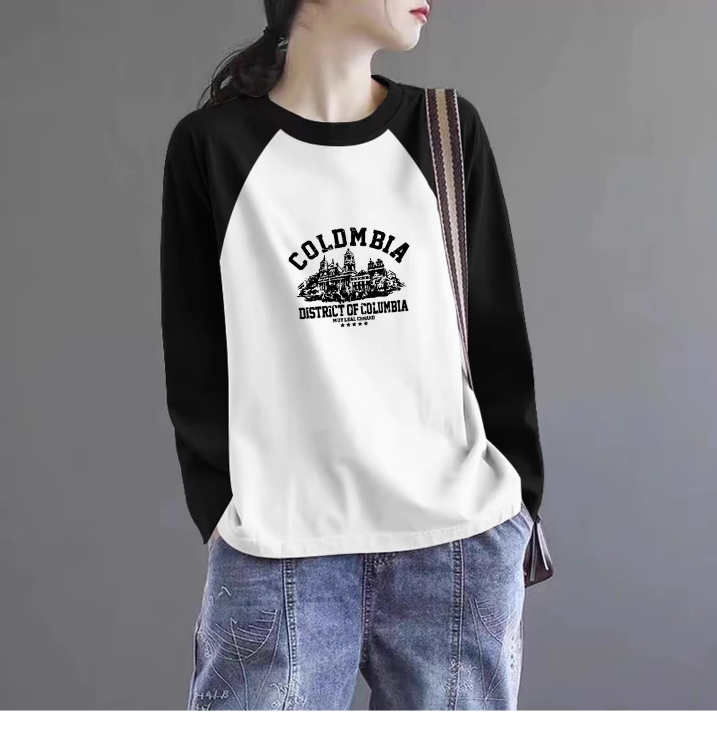 撞色长袖t恤女欧货秋冬新款宽松显瘦加绒内搭休闲时髦打底衫上衣