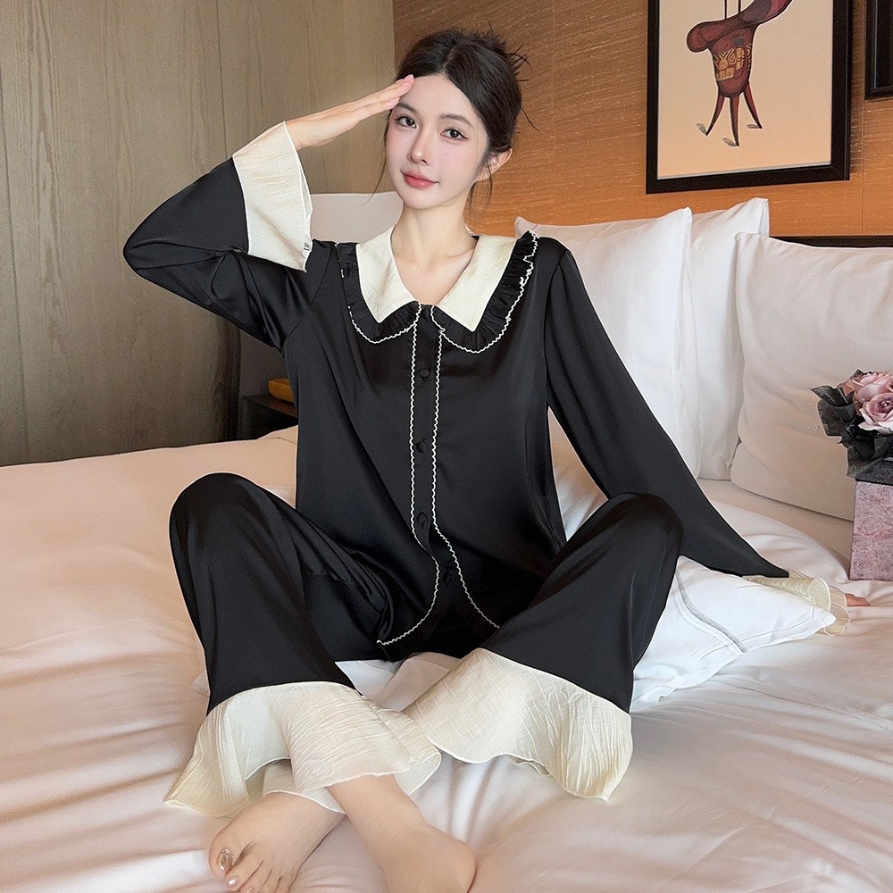 黑色睡衣女春秋款2025新款高级感可外穿冰丝娃娃领长袖长裤家居服