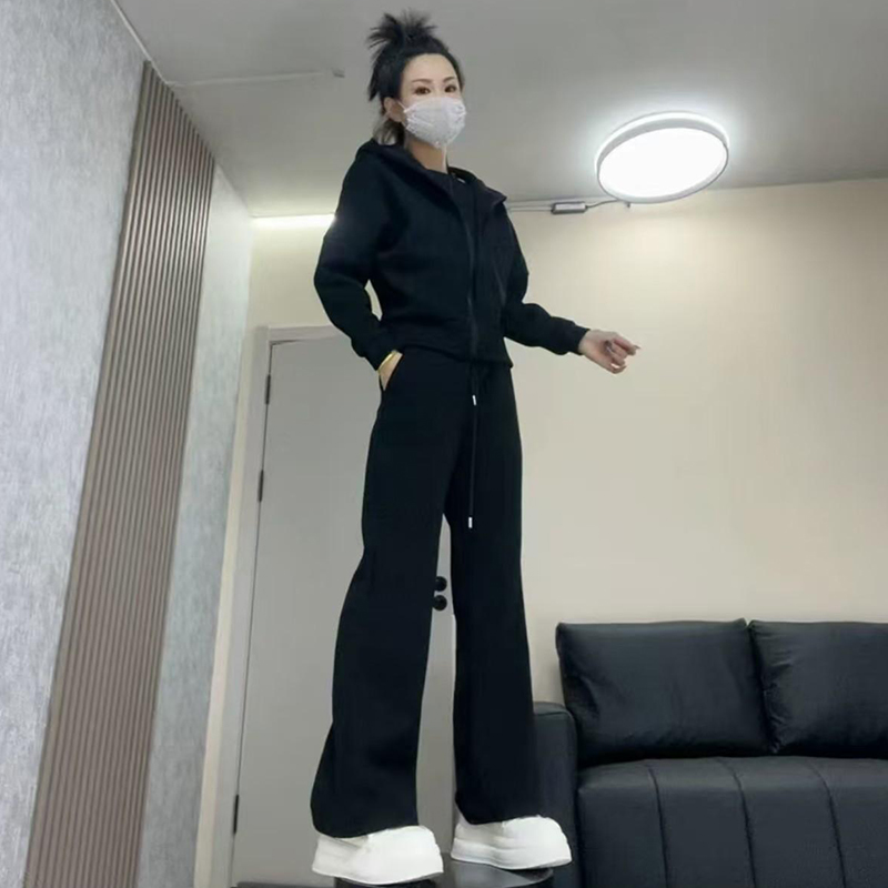 高含棉休闲运动服套装女2026春秋季新款开衫连帽外套直筒裤两件套