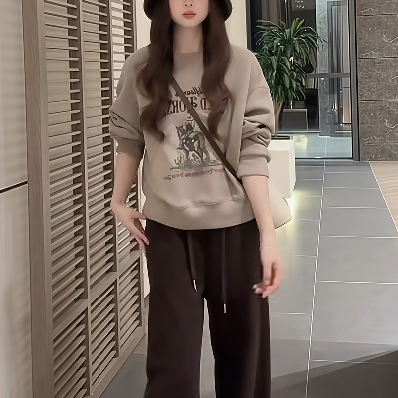 韩系时尚潮流印花卫衣上衣女2025秋冬季加绒加厚圆领长袖休闲上衣
