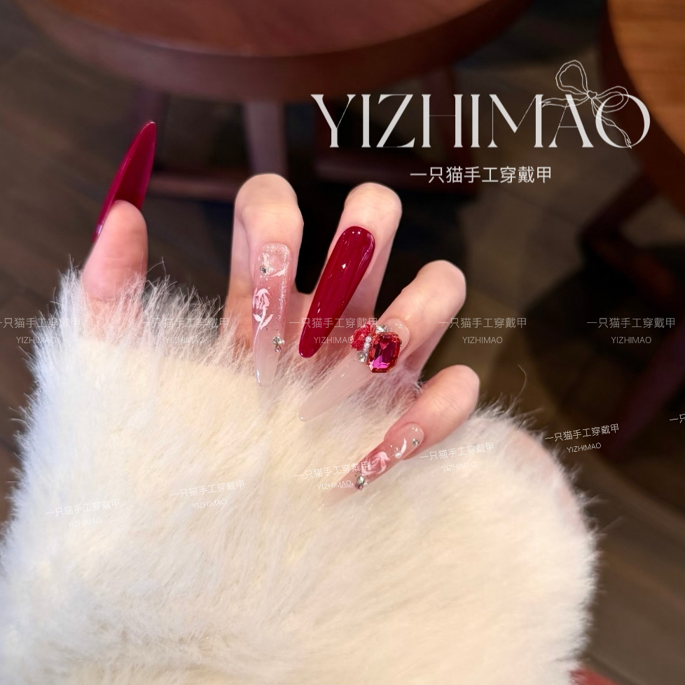 【玫瑰荔枝冻】千金风显白浆果红晕染手绘玫瑰花手工穿戴甲贴片美甲