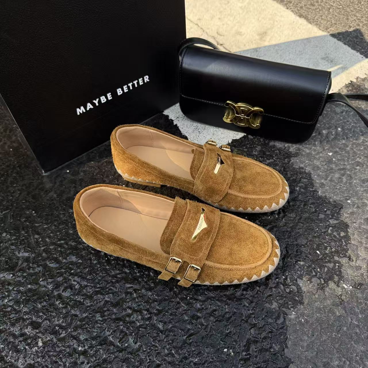 2025秋新款牛皮复古流苏蝴蝶结舒适软底单鞋一脚蹬乐福鞋女