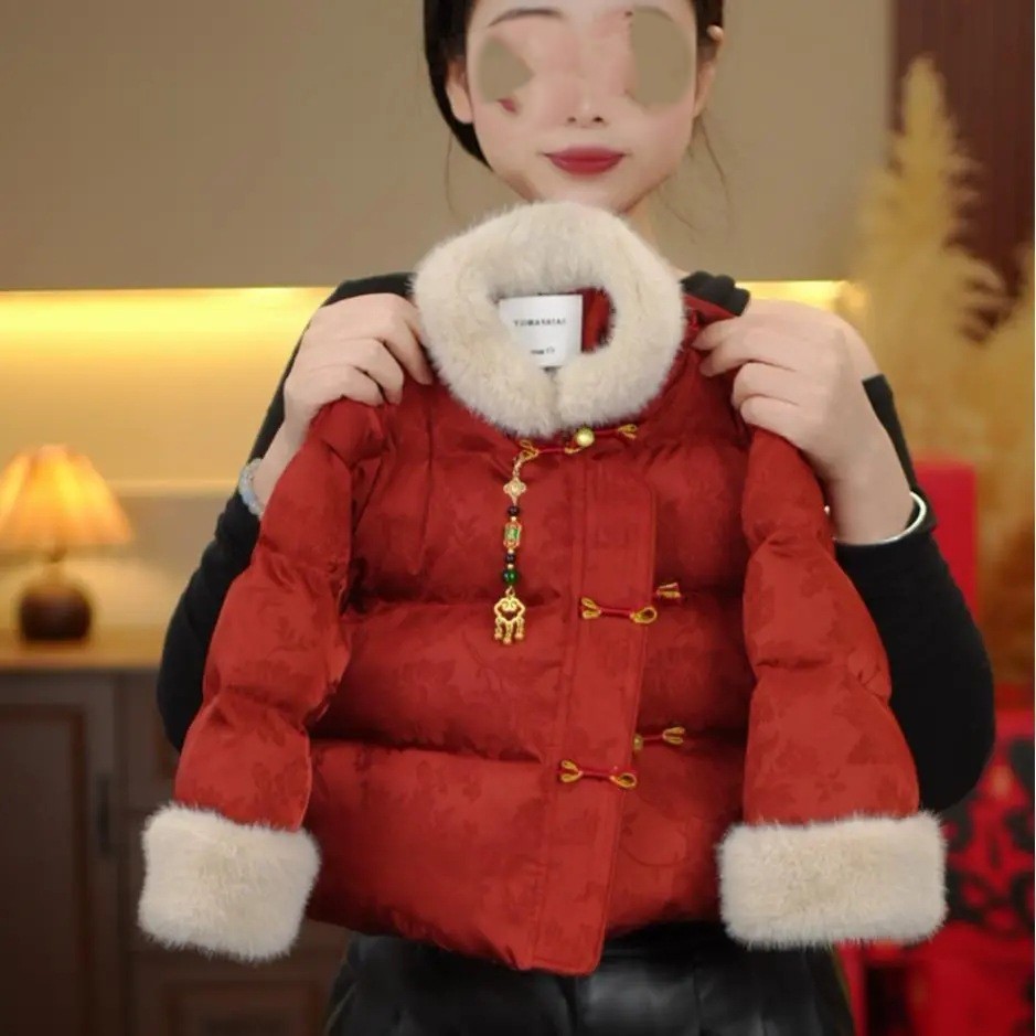 红色国风新款冬装秋冬新年衣服儿童加厚时尚棉服棉衣冬季保暖外套