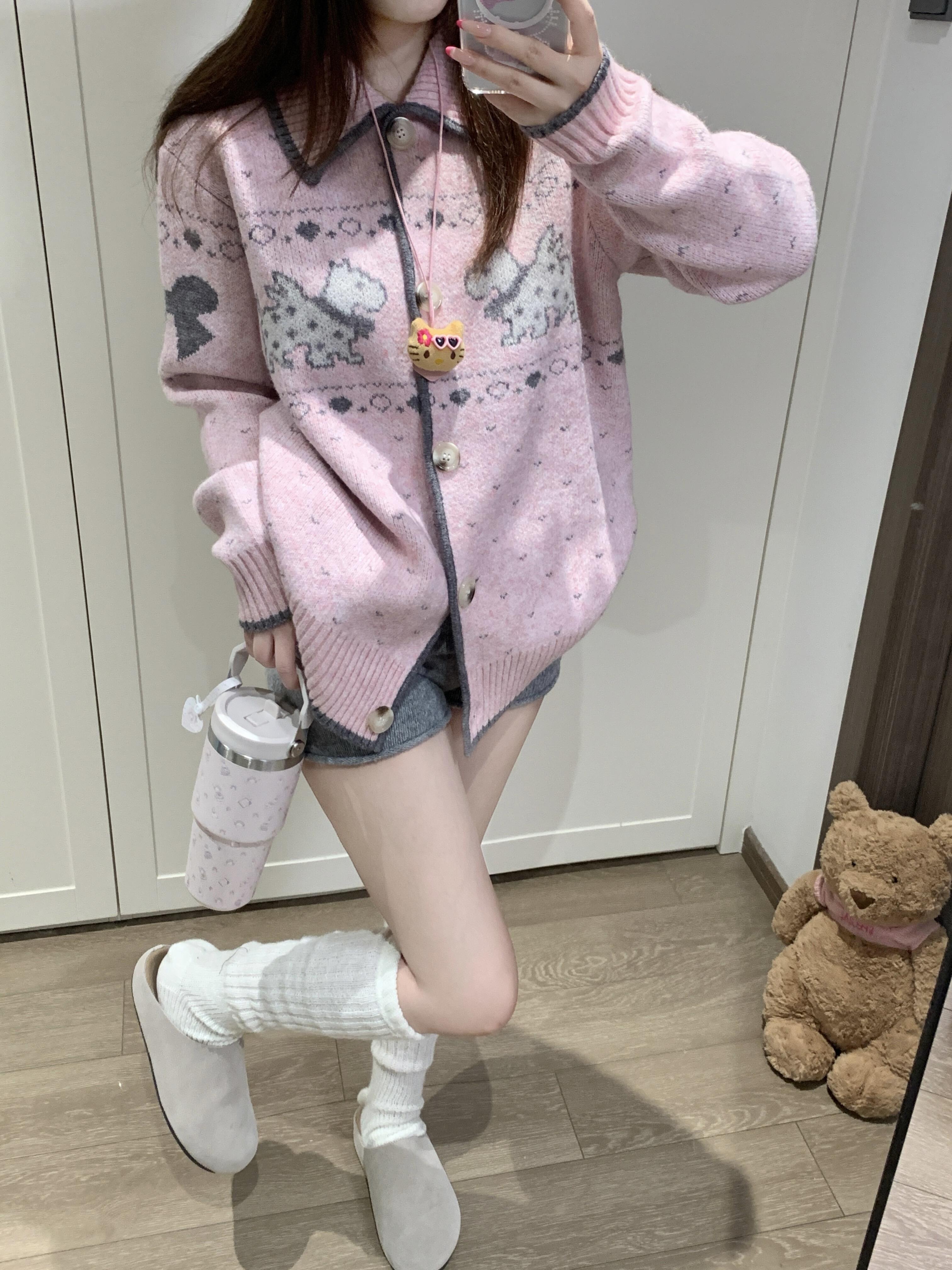 韩系百搭费尔岛针织开衫女秋季新款花纱小狗提花撞色减龄毛衣外套