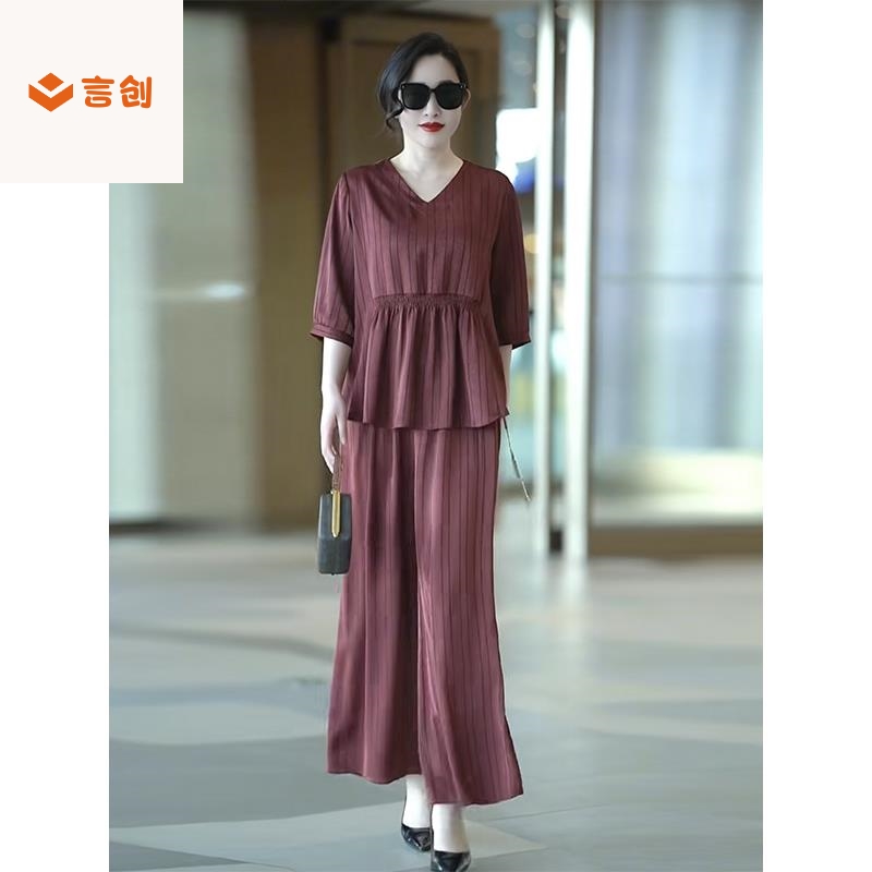 423短袖v领气质妈妈醋酸缎两件套夏200斤宽松遮肉条纹阔腿裤套装