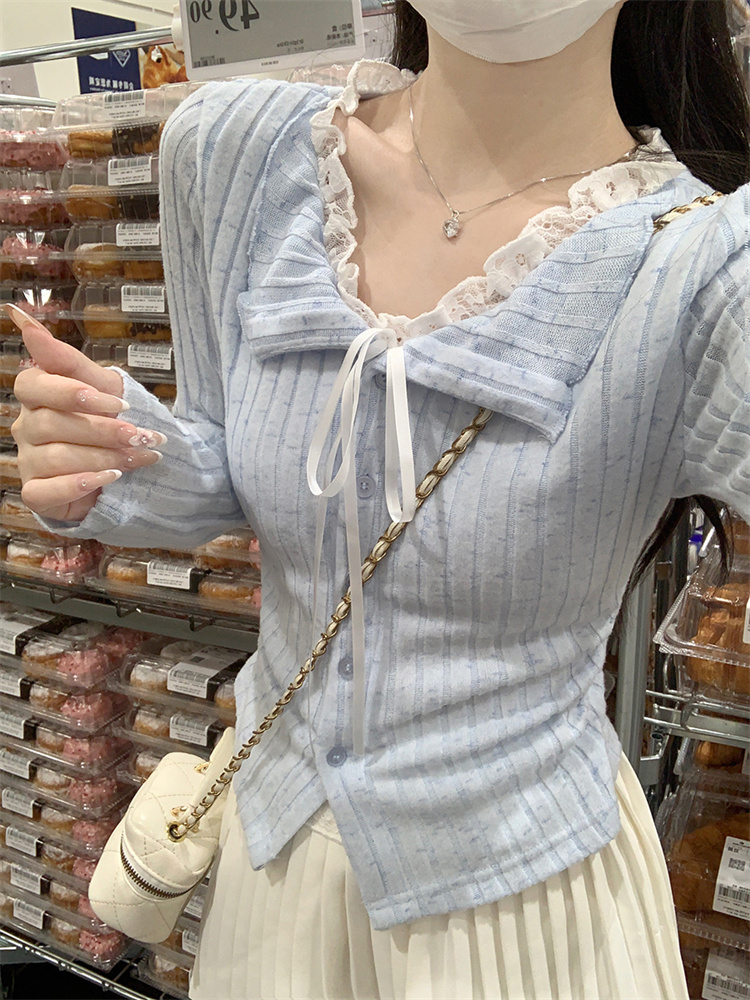 纯欲风蓝色蕾丝假两件长袖T恤女秋季内搭修身miu系打底衫短款上衣