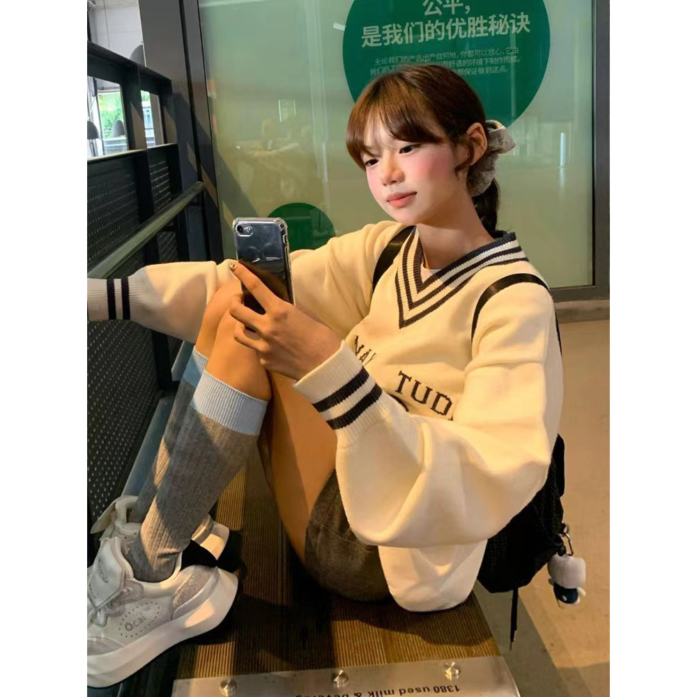PasswayStudio同款V领足球毛衣美式复古宽松休闲秋冬新款针织衫
