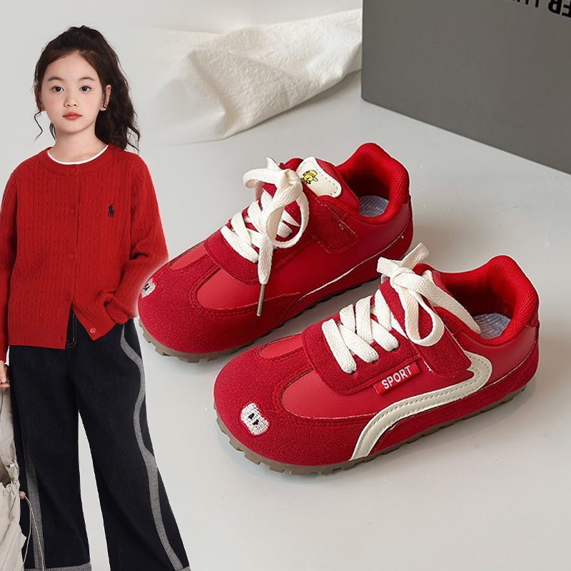 红色多巴胺爆款苹果鞋秋冬儿童新款运动鞋韩版女童单鞋加绒德训鞋