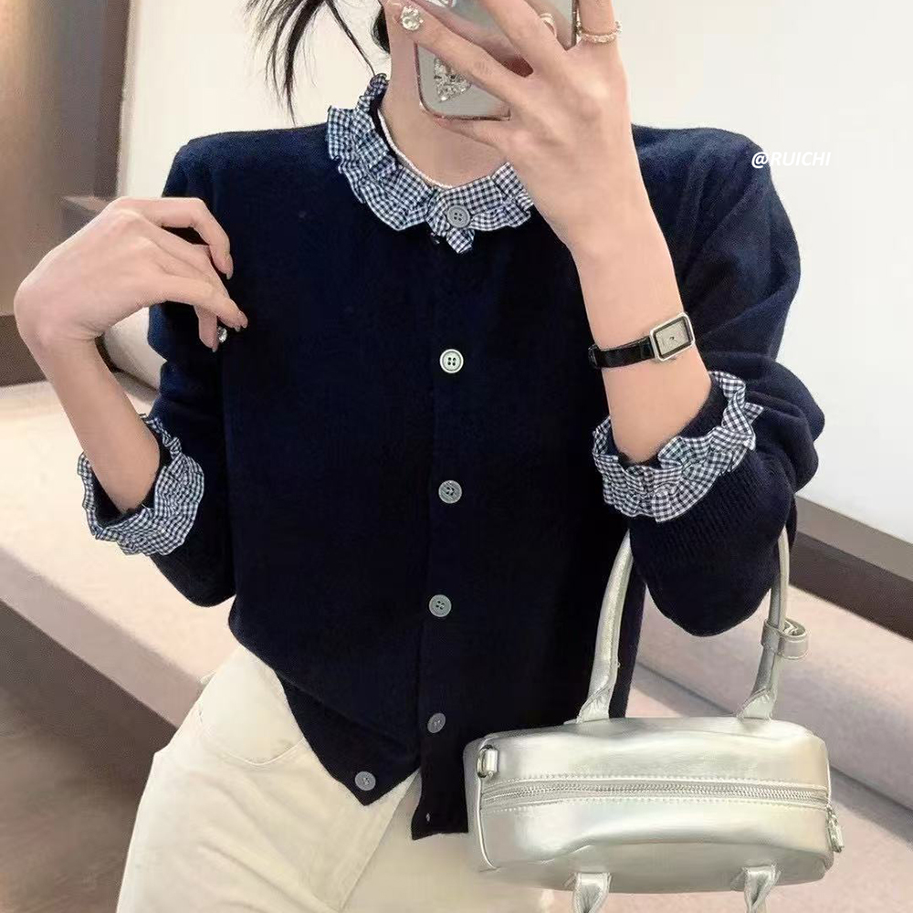 2025韩系轻奢秋季新款格纹荷叶边拼接圆领长袖修身显瘦针织开衫女