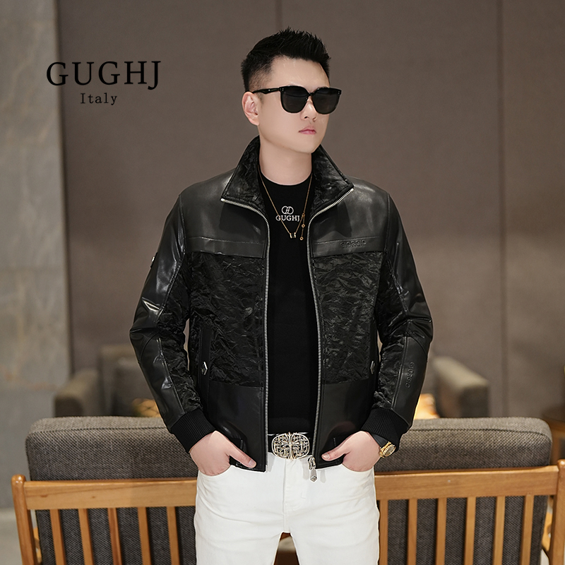 2025冬季新款轻奢羊皮拼接羽绒夹克潮流修身百搭立领白鸭绒外套男