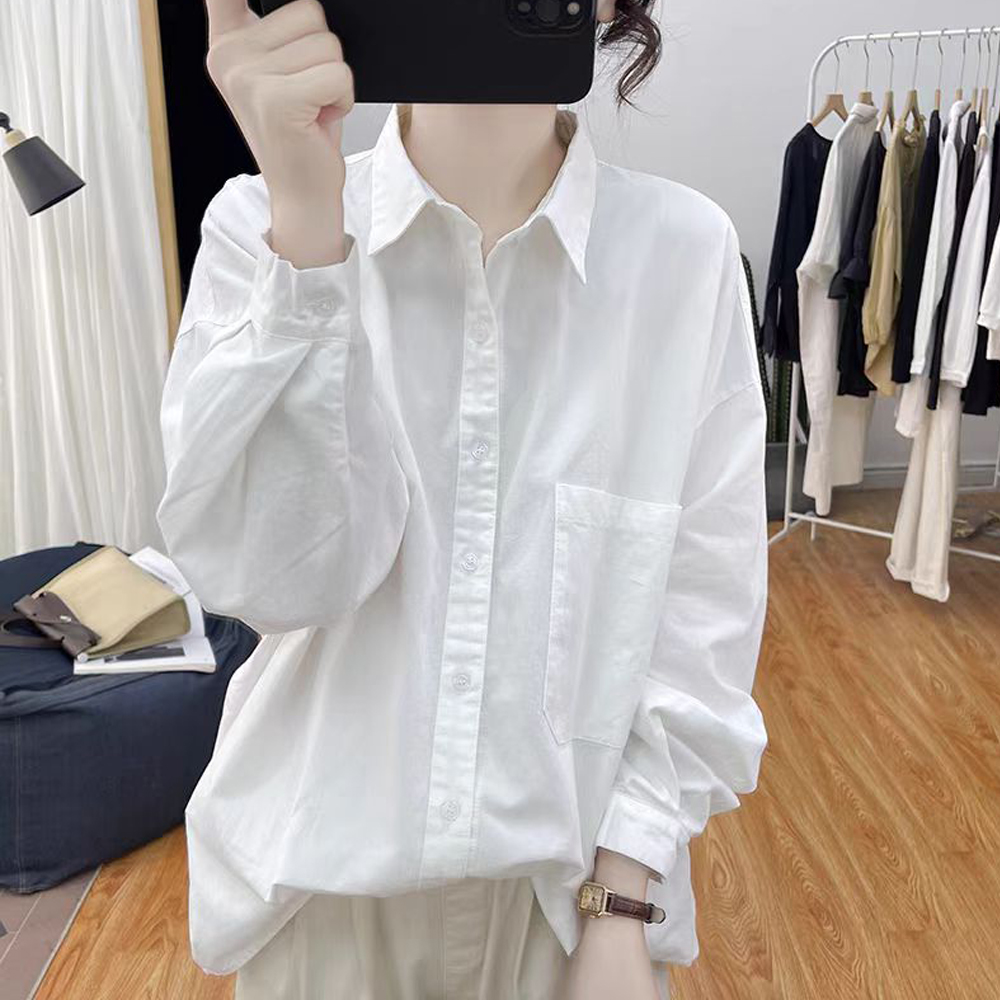 秋装港风复古宽松POLO领长袖衬衫女上衣2025新款宽松纯棉工装衬衣