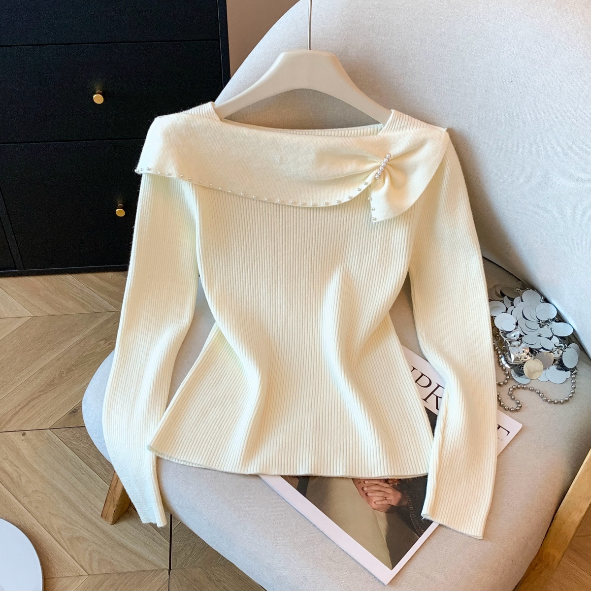 法式复古温柔风钉珠荷叶边一字领针织衫女新款显瘦针织衫G6-58