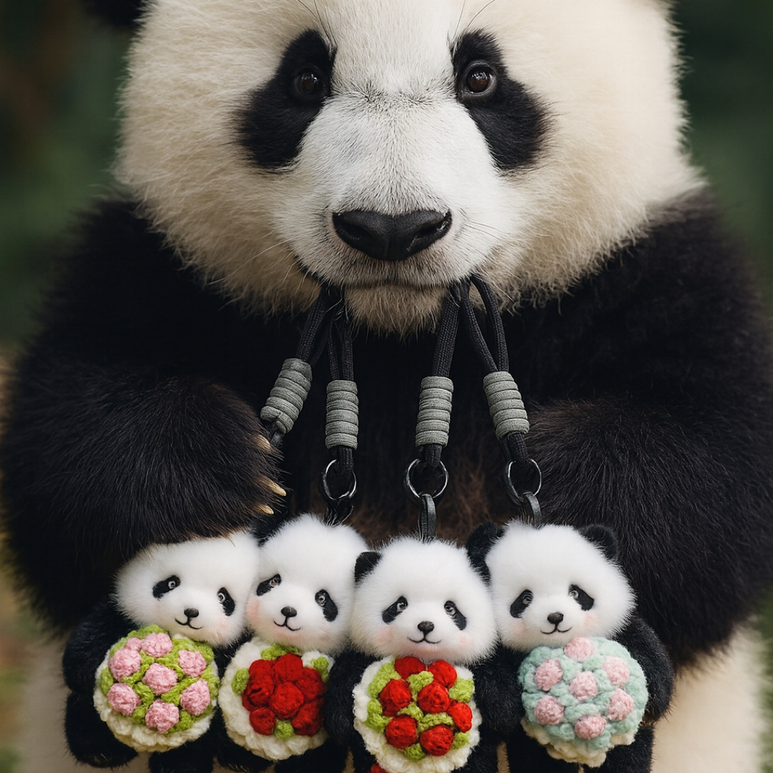 微笑花花捧花挂件熊猫公仔仿真款毛绒挂件花花玩偶礼物