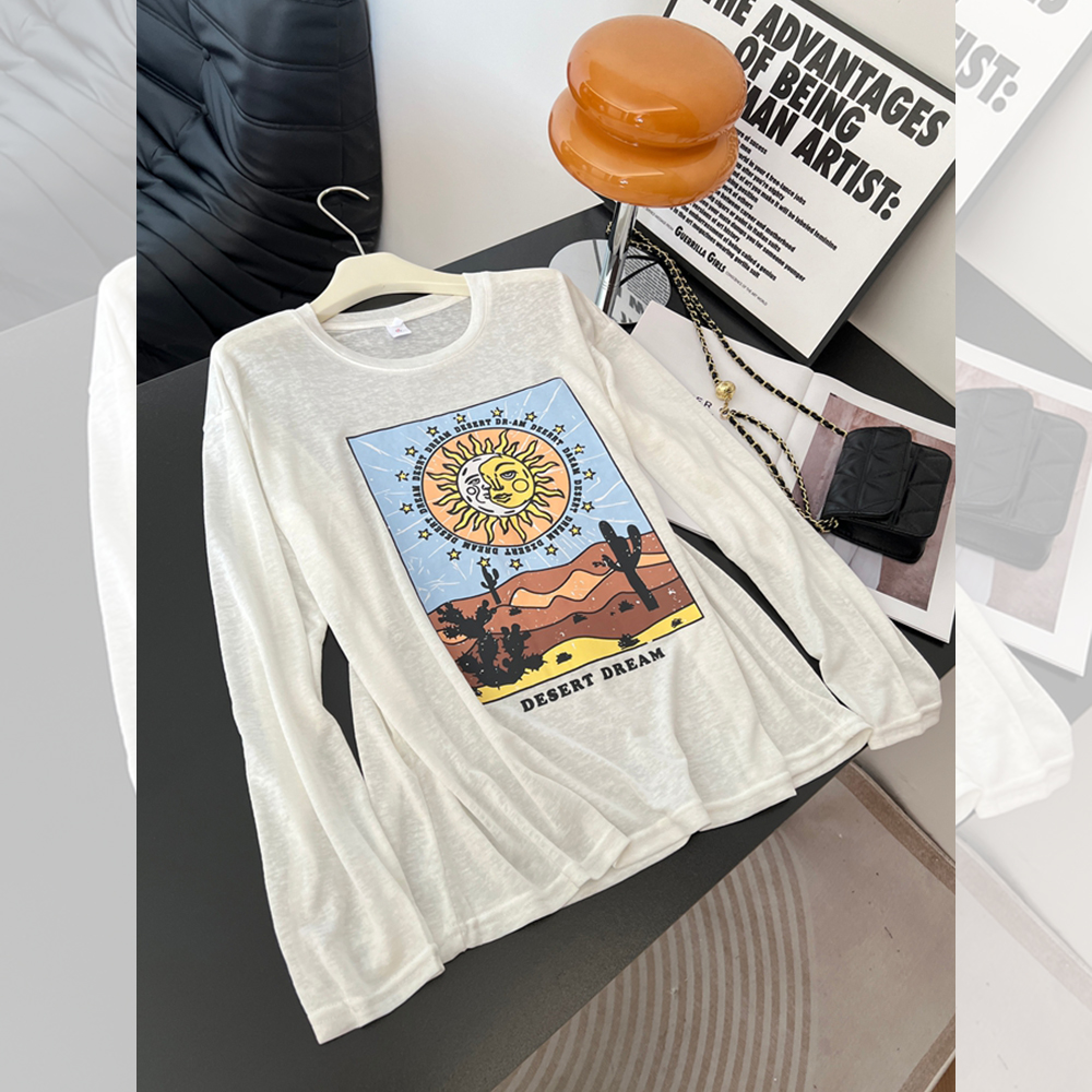 慵懒风太阳印花长袖T恤女秋季新款胖MM大码女装宽松显瘦防晒上衣