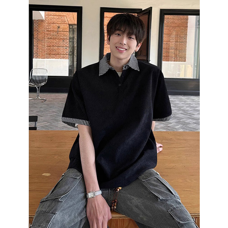 cleanfit美式复古假两件短袖t恤男款高级感格子POLO衫潮牌半截袖