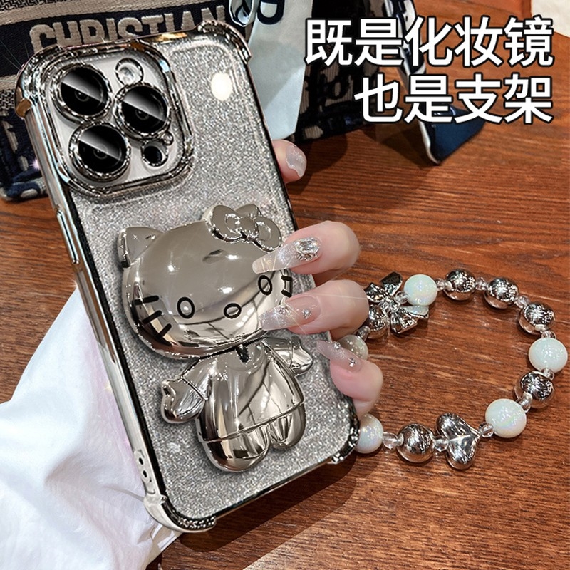 简约KT猫镜子支架适用苹果17电镀防摔手机壳创意华为oppovivo小米