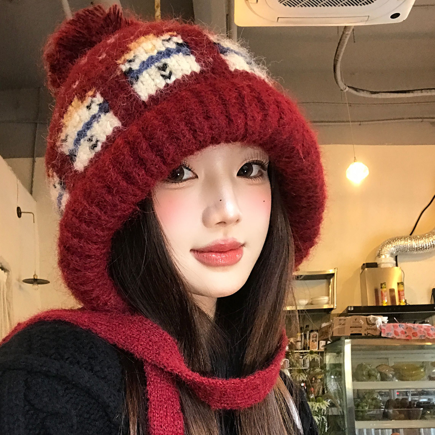 费尔岛红色雪人提花针织帽子女冬季加厚保暖防寒护耳大头围毛线帽