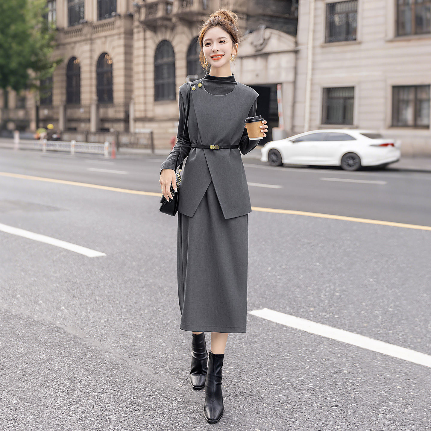 丝柏舍2025冬装新款女打底衫马夹搭半裙三件套时尚套装S53R4271N