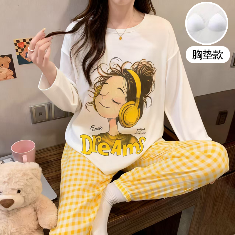 带胸垫卡通长袖长裤可外出睡衣女秋季休闲简约睡衣家居服套装1047